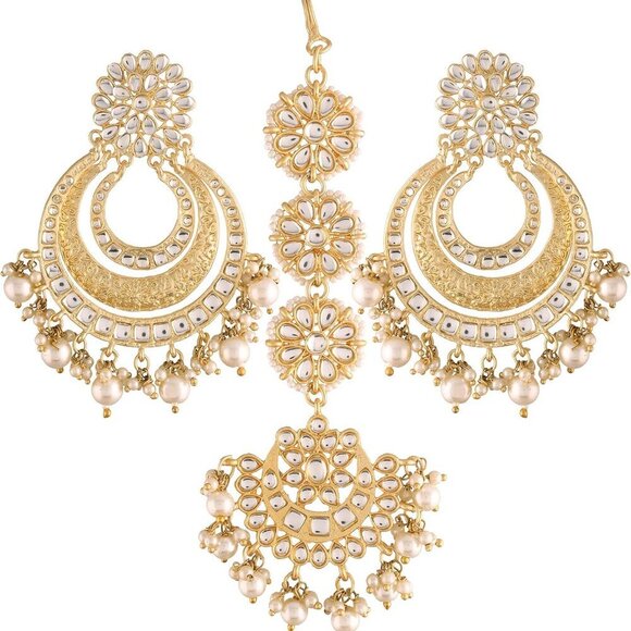 Jewelry - Gold Plated Kundan Faux Pearl Bridal Earrings & Maang Tikka Set Women